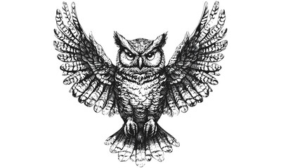 Obraz premium Trendy hand-drawn owl illustration, wings spread, vintage monochrome bird of prey, antique engraving style, nocturnal wildlife sketch, black and white vintage art print, rustic wildlife decor