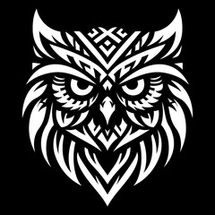 Fototapeta premium Tribal Owl Head Illustration Tribal Owl Head Vector Illustration - Stylized Black and White Owl Design for Logos, Tattoos, or Prints