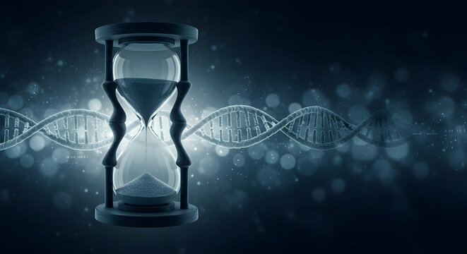 Time and Genetics DNA double helix hourglass concept science research medical background biology