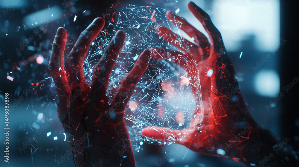 Poster hands holding a glowing network sphere with connected lines and particles in a dark futuristic scene