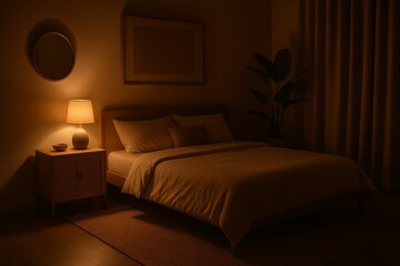 Japandi Style Bedroom at Night with Warm Ambient Lighting and Earthy Tones
A serene Japandi-style bedroom captured at night, featuring a minimalist oak wood bed, soft ambient lighting from a bedside l