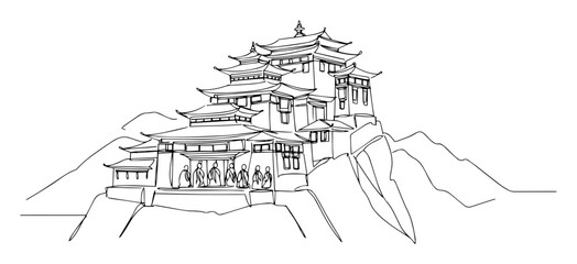 tibetan monastery on mountain minimal line vector illustration
