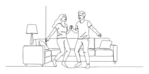 couple dancing happily in living room monoline shape vector
