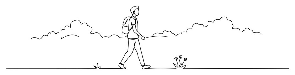 man walking with backpack in nature monoline shape vector