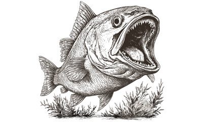 Hand-drawn vintage piranha etching, aquatic predator artwork, monochrome fish sketch, antique ocean wildlife illustration, river creature drawing, old engraving style, trendy nature art,