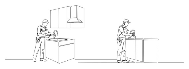 Obraz premium plumbers installing kitchen faucet monoline shape vector