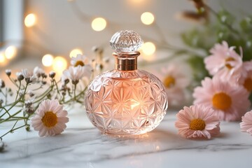 Elegant perfume bottle amongst delicate floral elements.