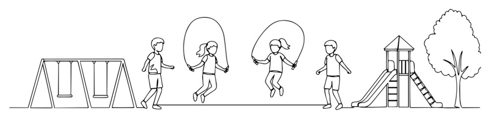 group of kids skipping rope at playground monoline shape vector