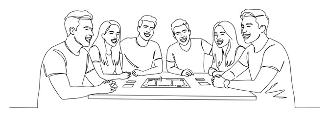 group of friends playing board game and laughing abstract continuous line vector drawing in minimalist modern black style