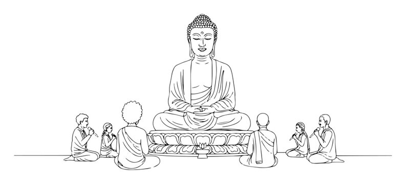buddha statue with people, black and white clip art preview