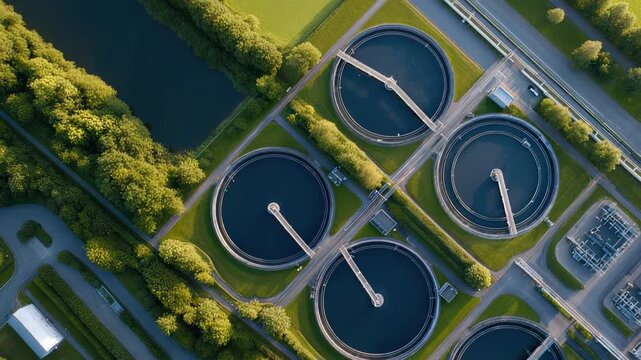 Modern wastewater treatment facility showing circular tanks surrounded by greenery