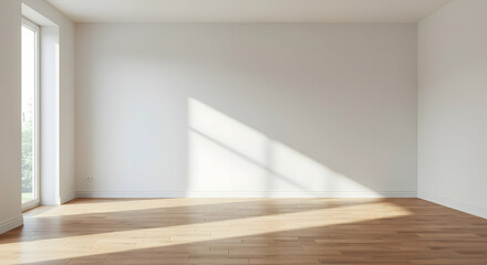Obraz premium Empty Room Sunlight Minimalist Interior Design Modern Home Apartment House Real Estate Property Blank Wall Wooden Floor New Home Sunlight Through Window Bright Space