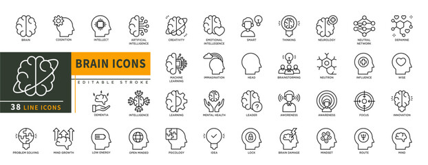 Minimalist Brain line icons set with editable stroke, featuring cognition, intellect, dementia, artificial intelligence, creativity, smart, head, immagination, idea, learning, aworness. illustration.