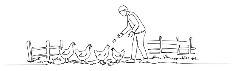 Fototapeta premium person feeding chickens in farmyard abstract continuous line vector drawing in minimalist modern black style