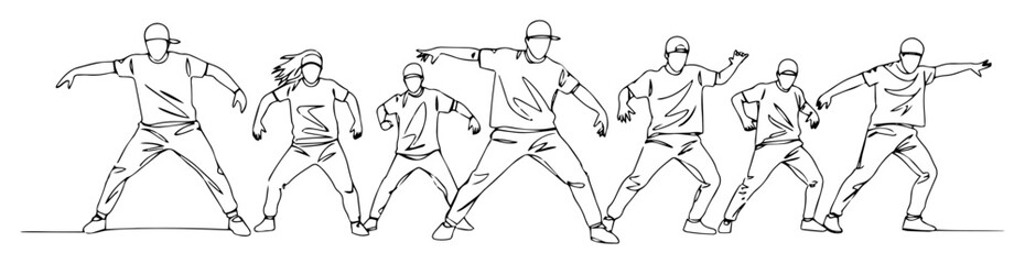 hip hop dance group in sync abstract continuous line vector drawing in minimalist modern black style