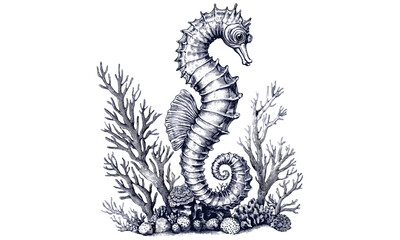 Obraz premium Vintage monochrome seahorse on coral, old engraving style marine creature, black sketch ocean decor, beach coastal nautical art, hand-drawn marine life, trendy retro illustration for wall