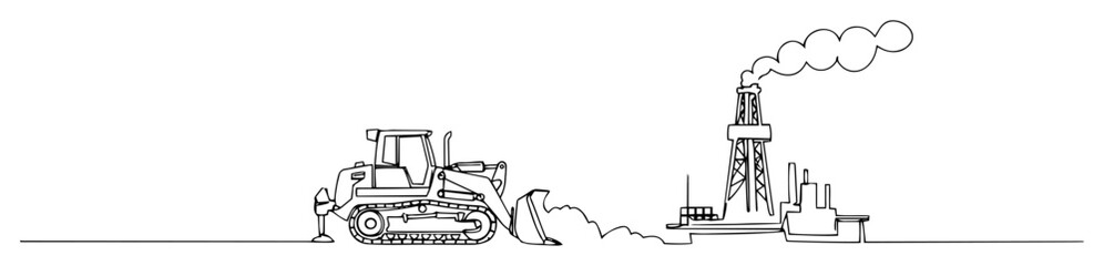 Naklejka premium bulldozer working near oil rig and refinery abstract continuous line vector drawing in minimalist modern black style