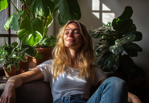 A blonde woman in her thirties sits on the couch with her eyes closed, smiling and breathing deeply inside