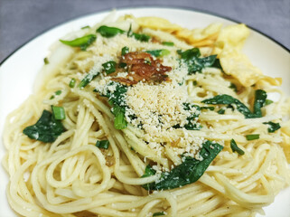 Mie Pangsit or Mie Ayam Pangsit. Noodles in a plate that are popular in Indonesia with minced chicken topping, green mustard greens. isolated on gray background