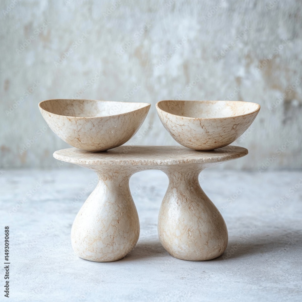 Poster two handmade ceramic bowls displayed on a unique pedestal in a studio setting neutral tones and text