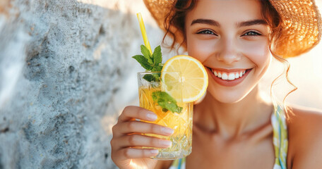 Smiling Young Woman in summer clothes holding glass of lemonade with lemon slice and mint. Positive banner with blurred stone wall background and copy space