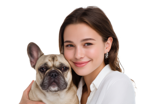 Portrait of smiling woman hugging French Bulldog, PNG