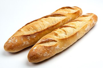Two golden-brown baguettes displayed against a pure white background
