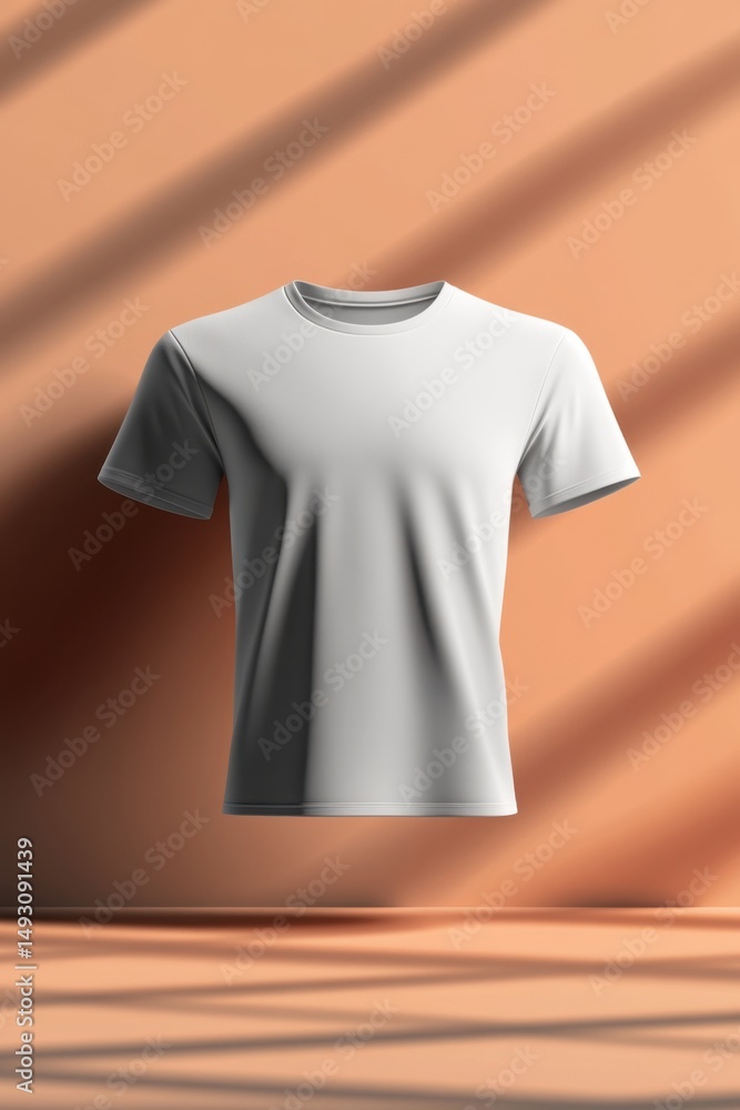 Poster studio shot of a blank white t-shirt floating against a peach wall with window shadow pattern for pr
