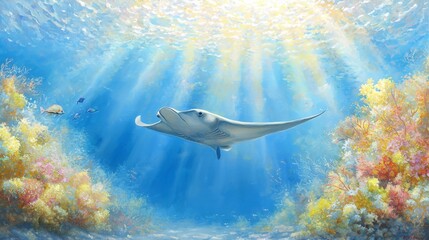 Fototapeta premium Majestic manta ray painting serene underwater journey through the deep blue ocean