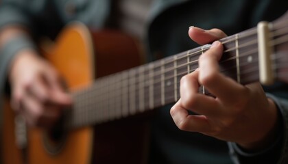 Fototapeta premium Playing Acoustic Guitar Close-up Music Instrument