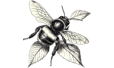 Antique Bumblebee Illustration on Leaf, Vintage Hand-drawn Sketch, Monochrome Etching, Garden Wildlife Artwork, Old Nature Style Drawing, insect engraving art,