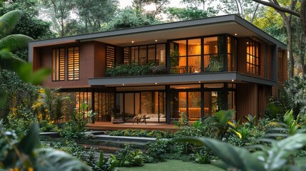 Fototapeta premium Modern tropical home nestled in lush greenery