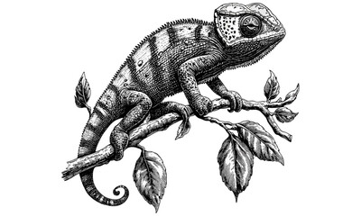 Retro fauna etching of chameleon on branch, vintage reptile line art, antique animal sketch, detailed nature illustration, rustic wildlife drawing, monochrome engraving, natural history print © Vintage Studio