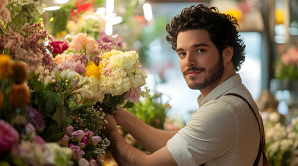 Young Man Smiling While Arranging Colorful Flowers in Shop