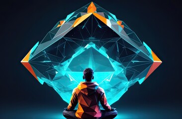 Individual seated in a meditative pose, surrounded by a vibrant geometric crystal structure, showcasing a fusion of technology and tranquility in a digital art environment