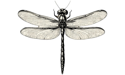 Retro vintage engraving of dragonfly, black sketch insect art, monochrome hand-drawn etching style, trendy garden nature illustration, old-fashioned animal print, vintage decorative artwork