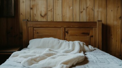 Rustic Wooden Bedroom Interior with Cozy Bedding and Wood Paneling in a Mountain Cabin Retreat