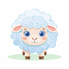 Cute Cartoon Sheep with Big Eyes and Curly Wool on White Background – Adorable Animal Vector

