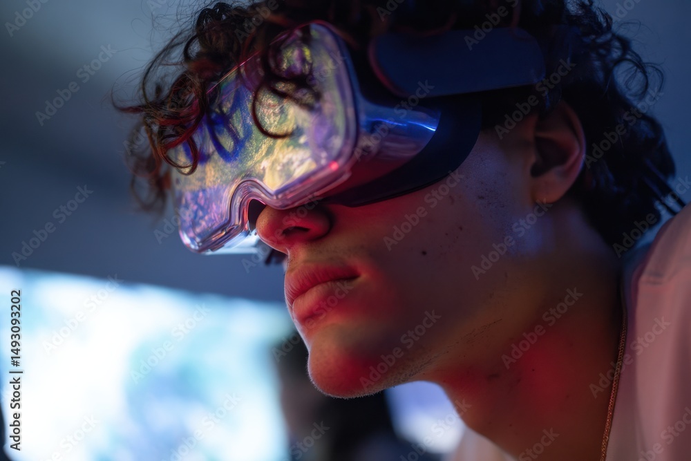 Poster Man Wearing VR Headset Experiencing Virtual Reality, Showcasing Technology and Digital Transformation, Immersed in a Futuristic Metaverse : Generative AI