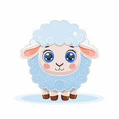 Cute Cartoon Sheep with Big Eyes and Curly Wool on White Background – Adorable Animal Vector

