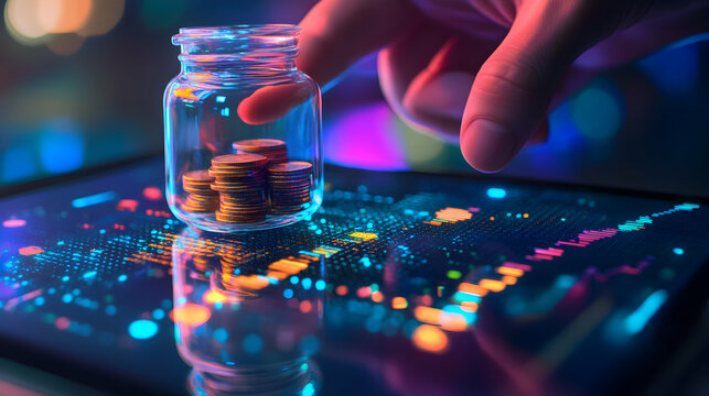 Hands Holding Glass Jar with Coins on Touchscreen Display