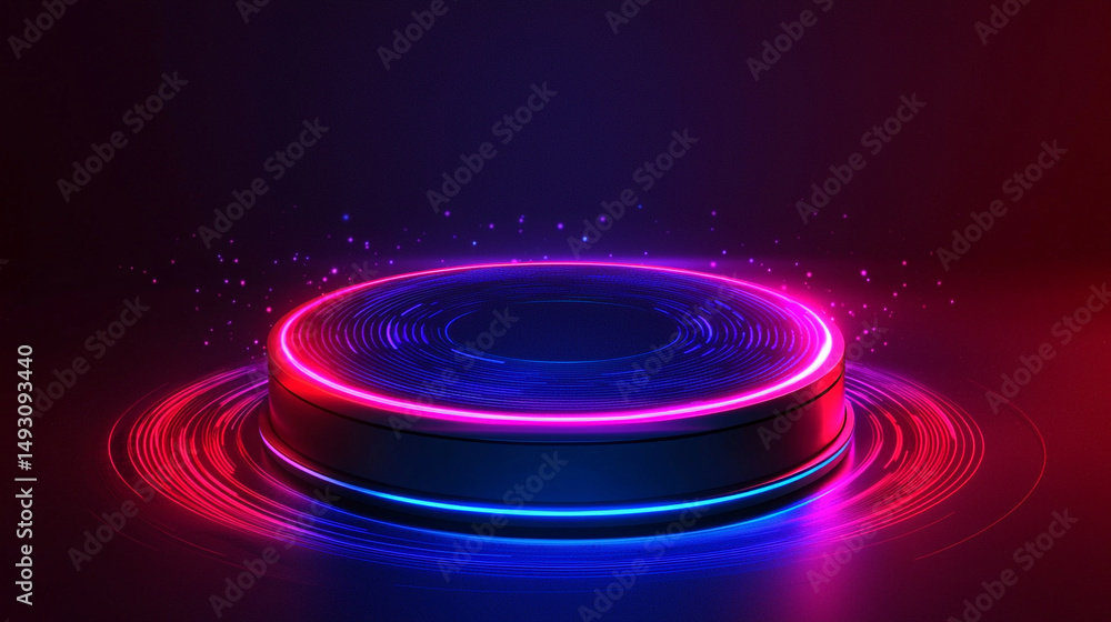 Poster illuminated circular platform with red and blue neon lights in a dark studio setting for product dis