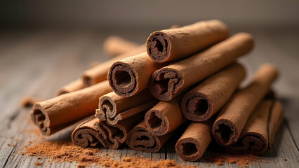 Closeup of cinnamon sticks on wooden background with powder