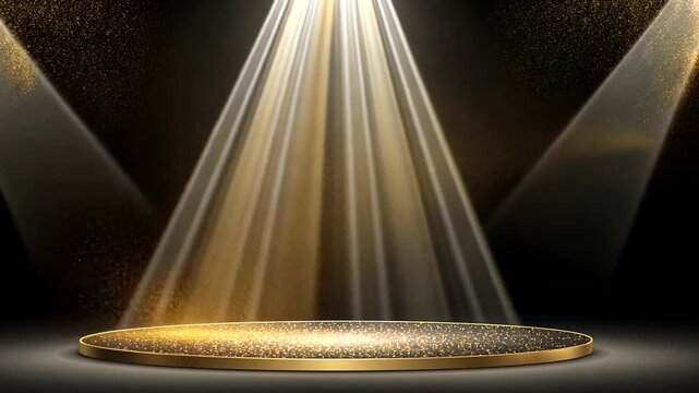 Stage glow Round platform lit by spotlights in a dark setting with golden accents