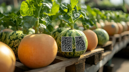 Colorful Fresh Melons with QR Codes Market Stall Produce Display