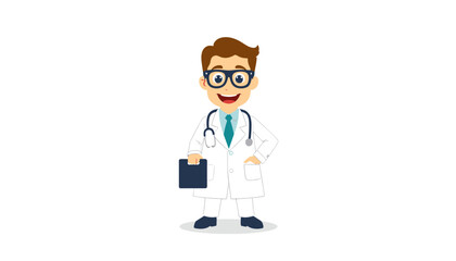 Fototapeta premium Cheerful cartoon doctor in a white coat holding a clipboard and smiling