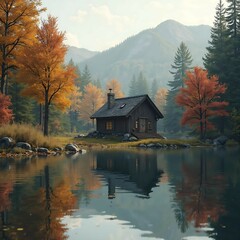 Fototapeta premium Tranquil mountain cabin nestled among vibrant autumn trees with vivid foliage, perfectly reflected in a serene calm lake, ideal for nature, travel, and peaceful seasonal landscape themes