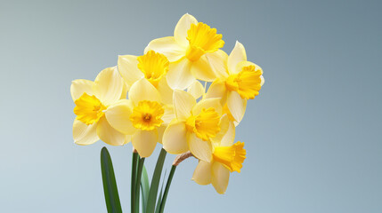 Bright yellow daffodils in bouquet against soft gradient background create cheerful and vibrant atmosphere
