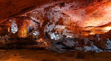 Panorama Majestic rock formations inside Halong bay cave, Vietnam's natural wonder
