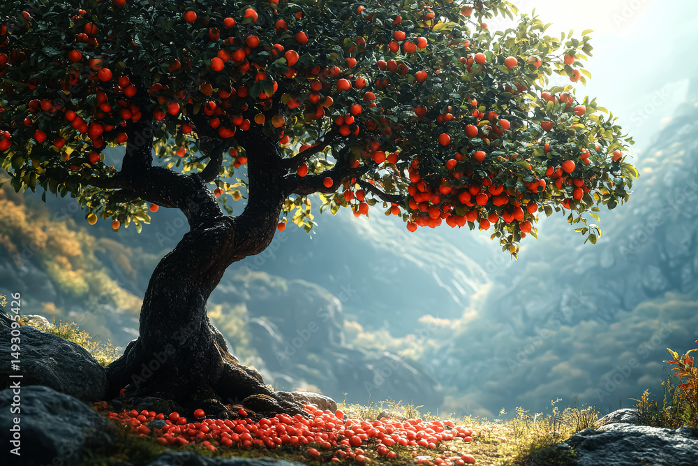 Poster tree with many apples on it. the apples are red and the tree is tall. the image has a peaceful and s
